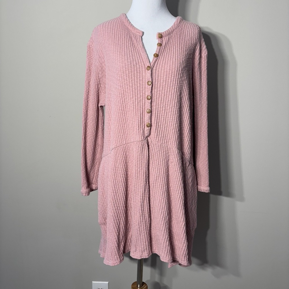 Free People Beach Babydoll Tunic Top Small Pink Ribbed‎ Oversized Flowy Boho S